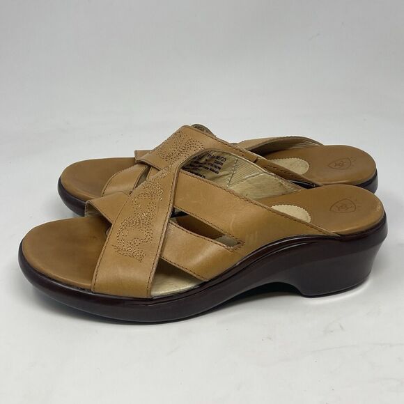 Ariat Wedge Heel Slide Sandals Womens 8.5 B Tan Brown Leather Stitching Western - Picture 2 of 15